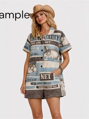 🐇 Vintage Sack Upcycled Thai Feed Sack Romper – sz L/XL. NWOT